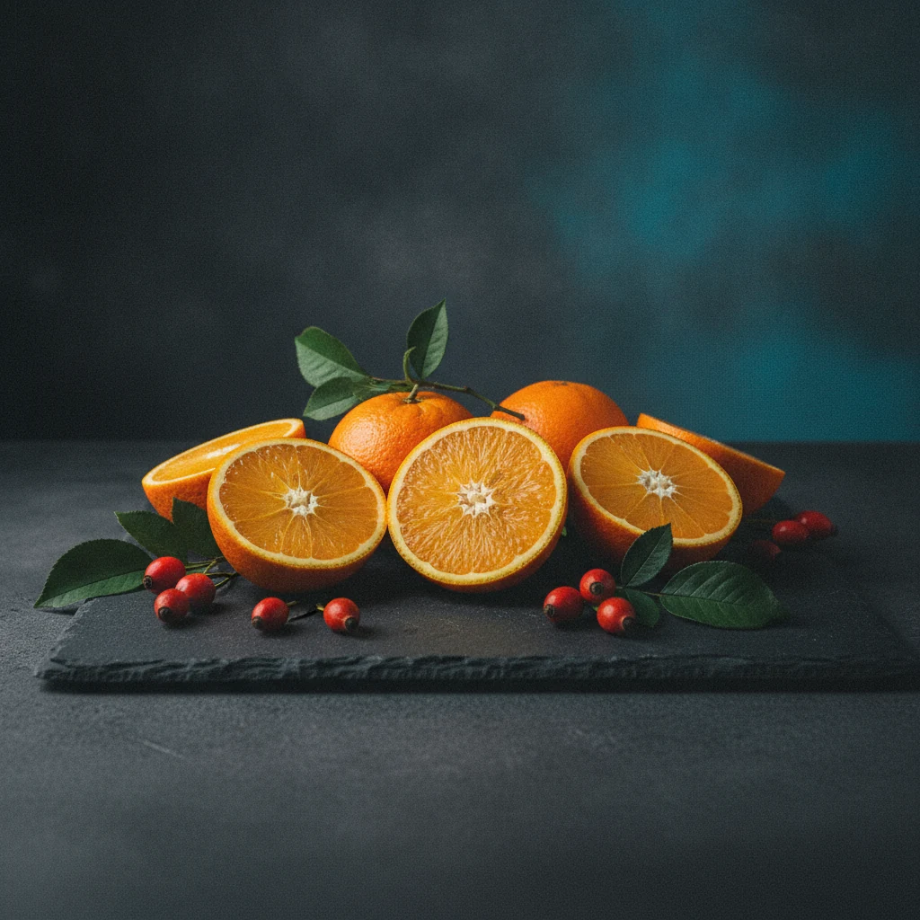 Verse sinaasappels, rozenbottels en groene bladeren op een keukentafel