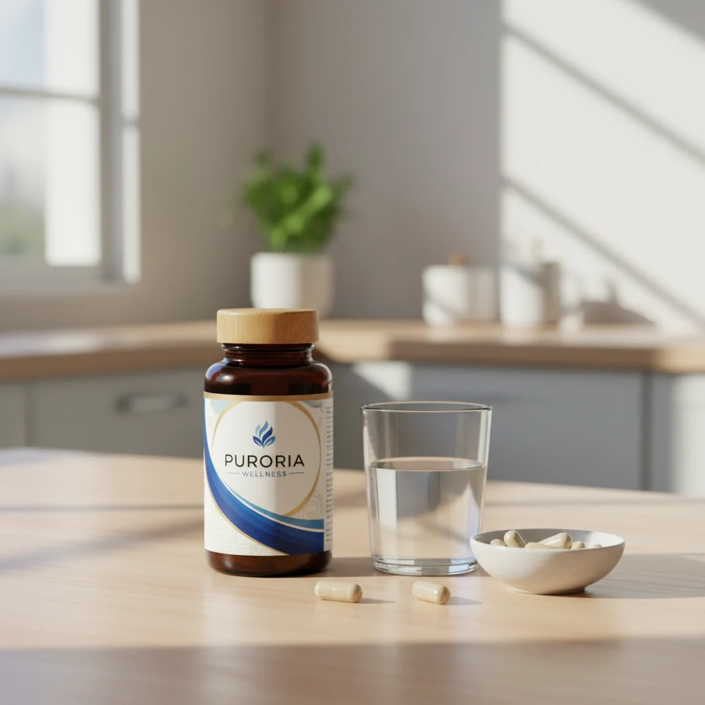Puroria Wellness fles naast een glas water en een kom amandelen op een ochtendtafel