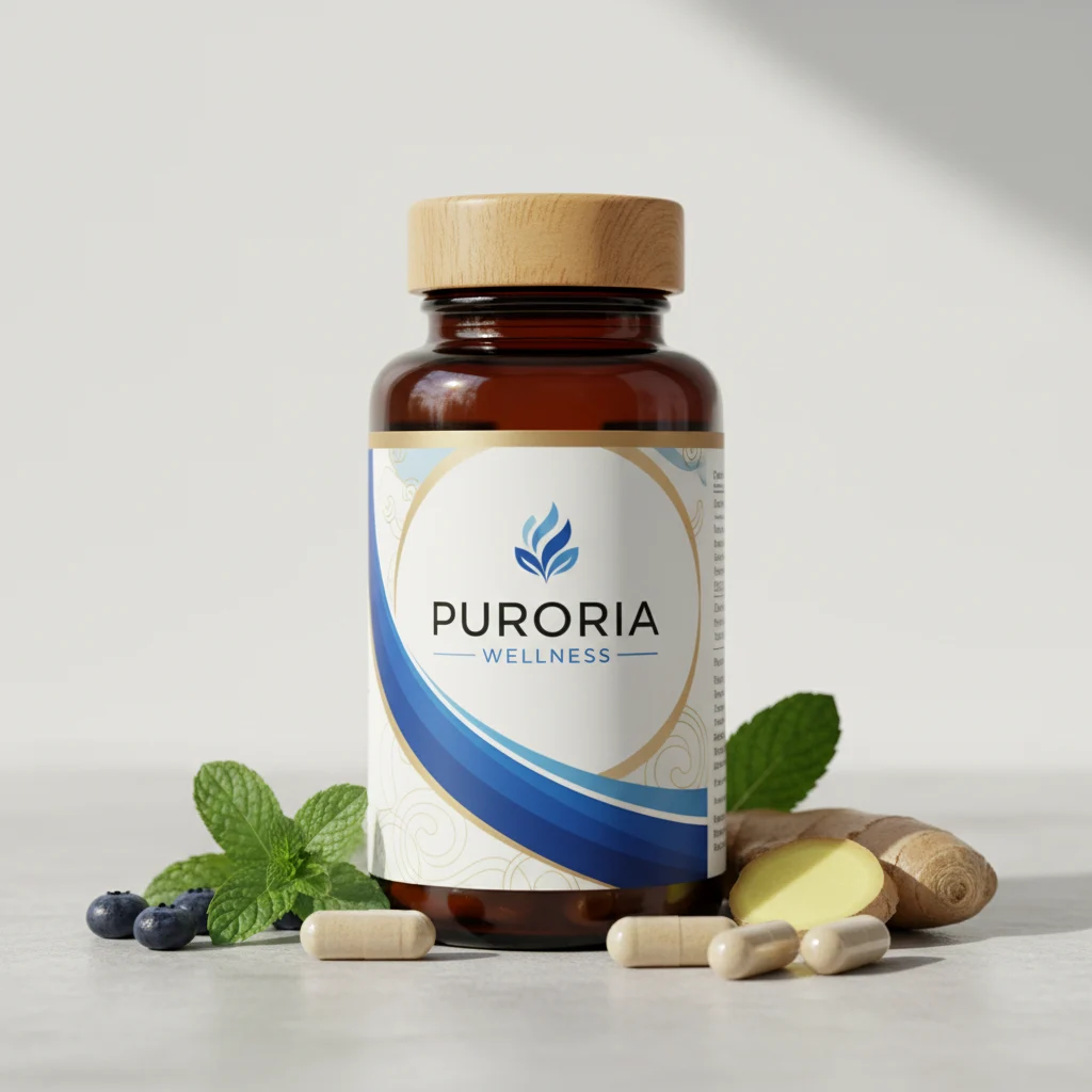 Puroria Wellness witte apothekersfles met capsules en verse ingrediënten